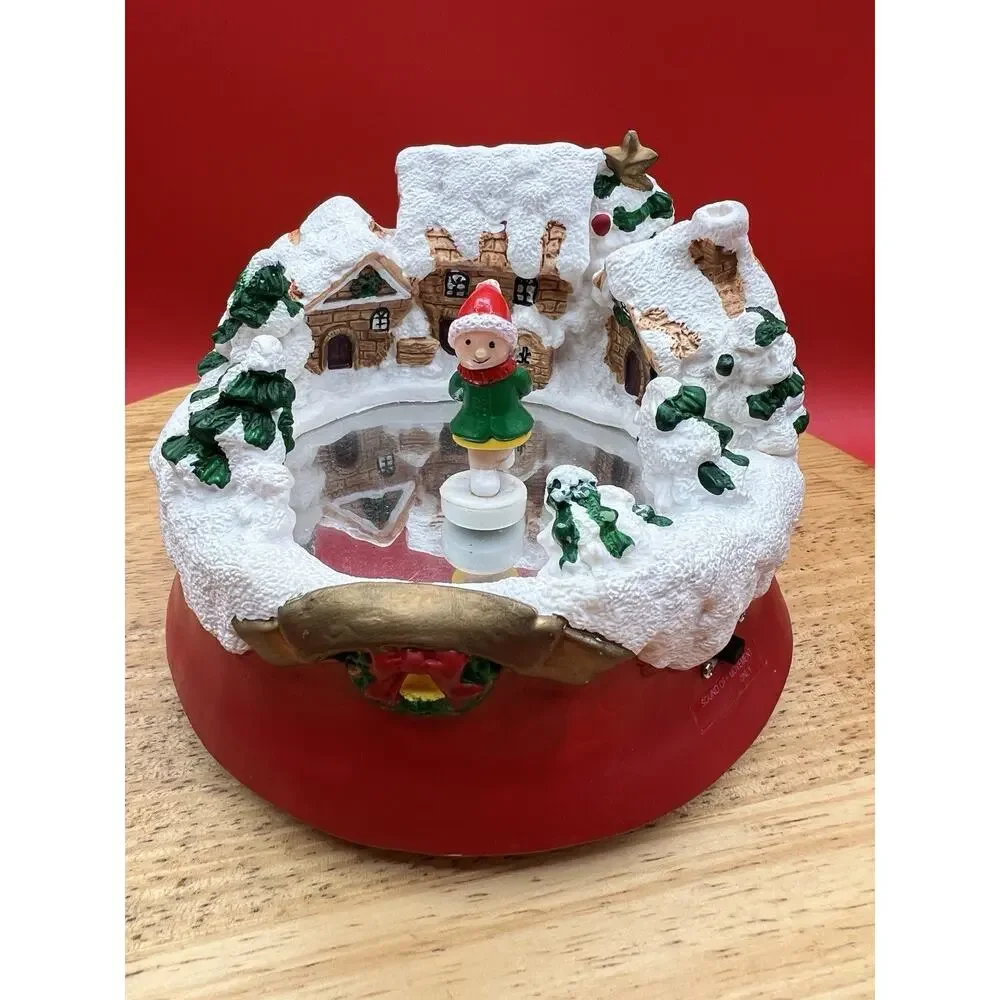 Vtg Animated Skating Mirror Pond Skaters Musical Christmas Scene Music Works